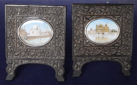 19th century Indian School, pair of oils on ivory, miniatures of The Taj Mahal and The Golden Fort, 4 x 5cm
